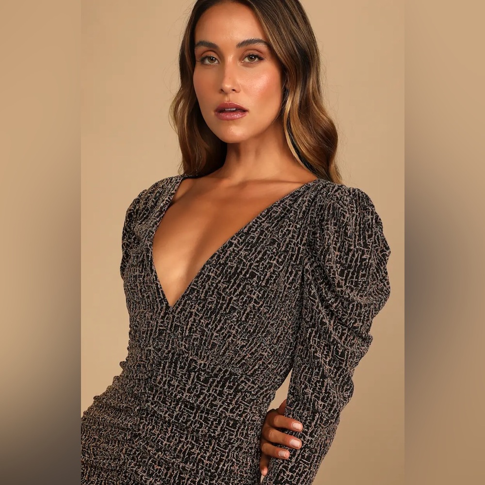 Lulu's Party Glam Metallic Copper Long Sleeve Ruched Midi Dress